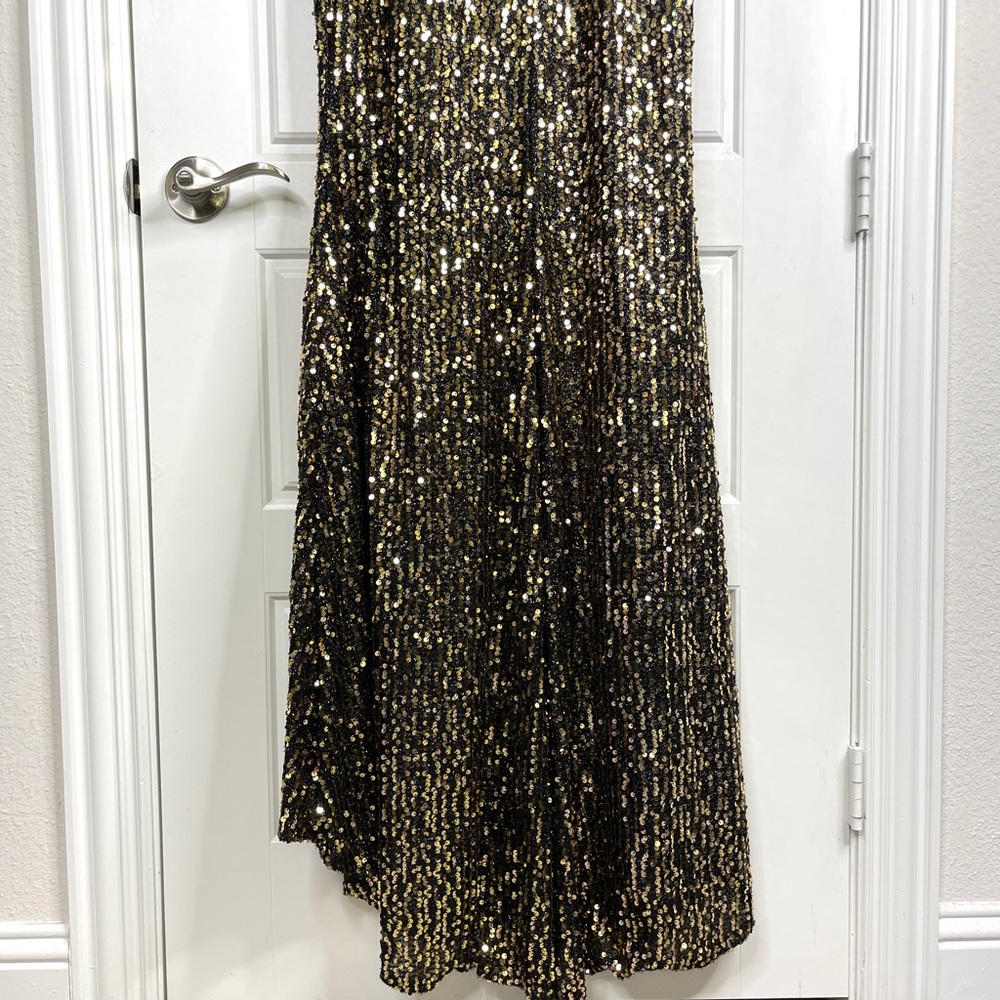 IEENA FOR MAC DUGGAL Sequined Cap Sleeve High Neck Gown NEW Size 8 Black Gold - Picture 11 of 14